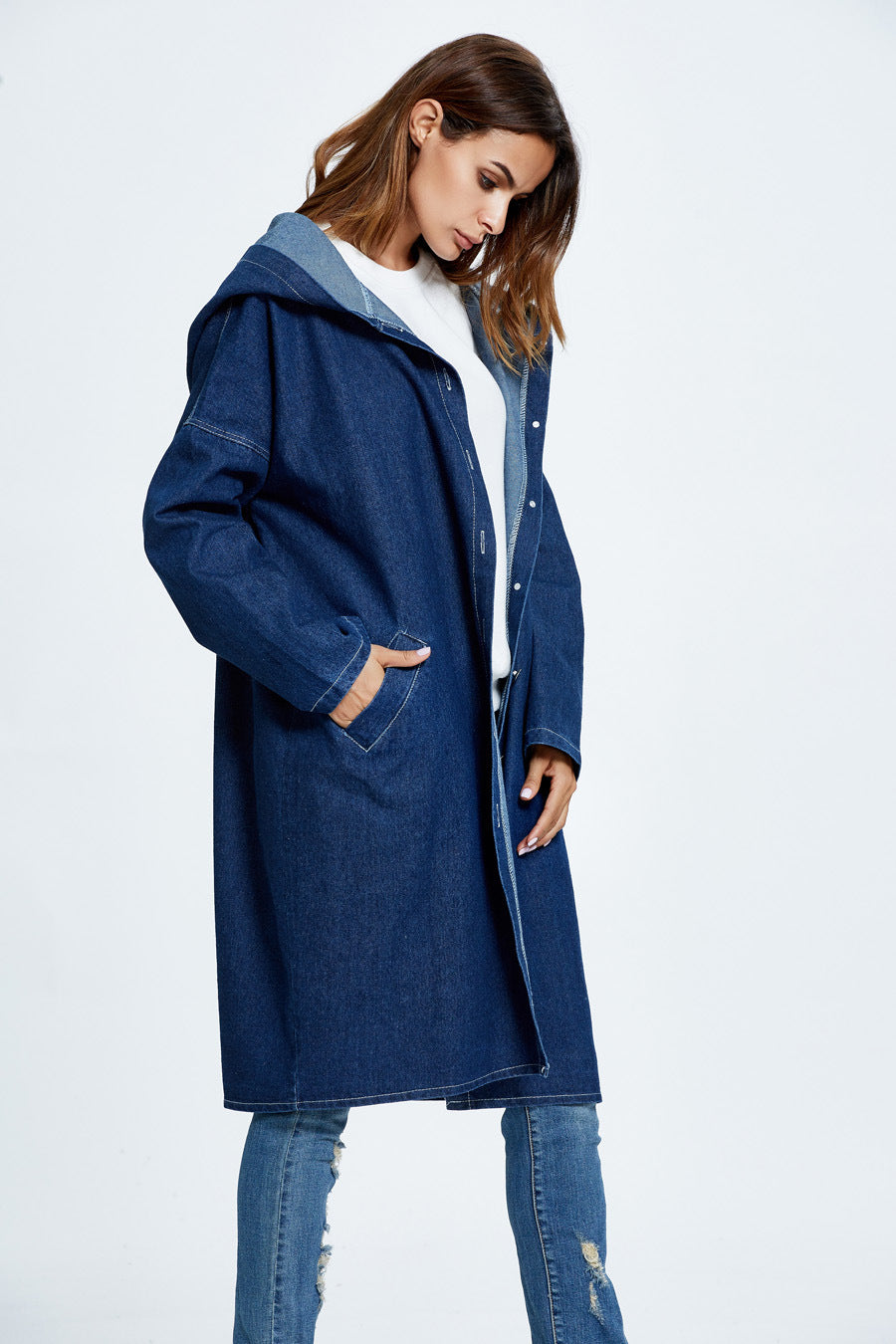 Casual Long Hooded Denim Coat for Stylish Comfort