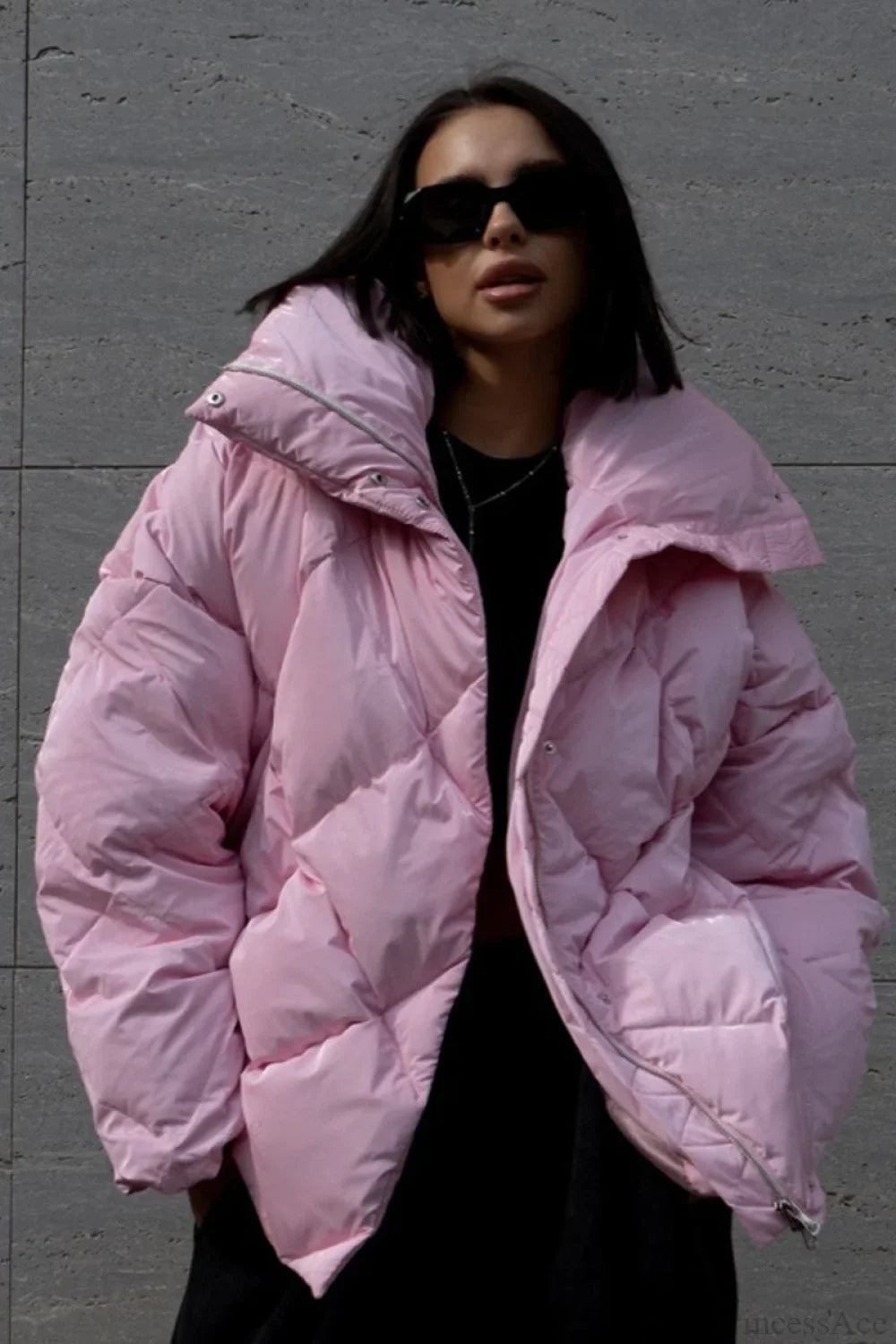 Oversized Reversible Coat with Large Diamond Quilted Mixed Mute and Matte Shine