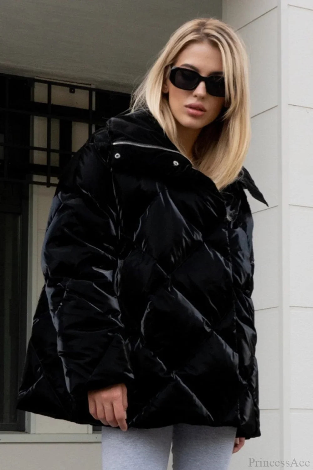 Oversized Reversible Coat with Large Diamond Quilted Mixed Mute and Matte Shine