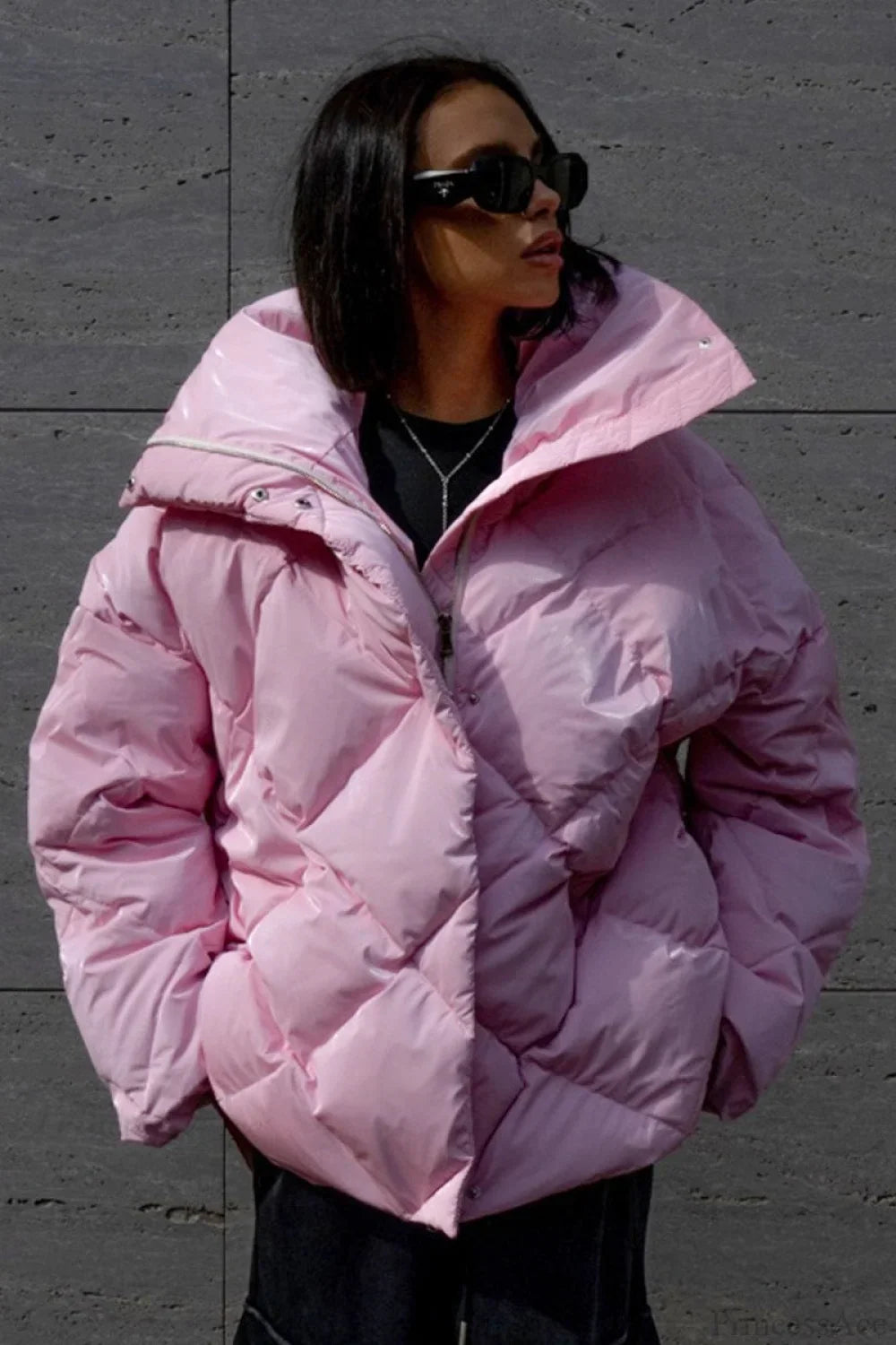 Oversized Reversible Coat with Large Diamond Quilted Mixed Mute and Matte Shine
