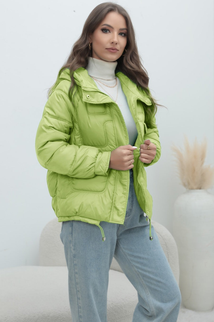 Bright colorful down coat with a short collar