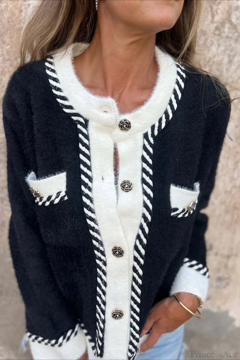 Elegant Wool Coat with Color Block Design, Buttons, and Subtle Pocket