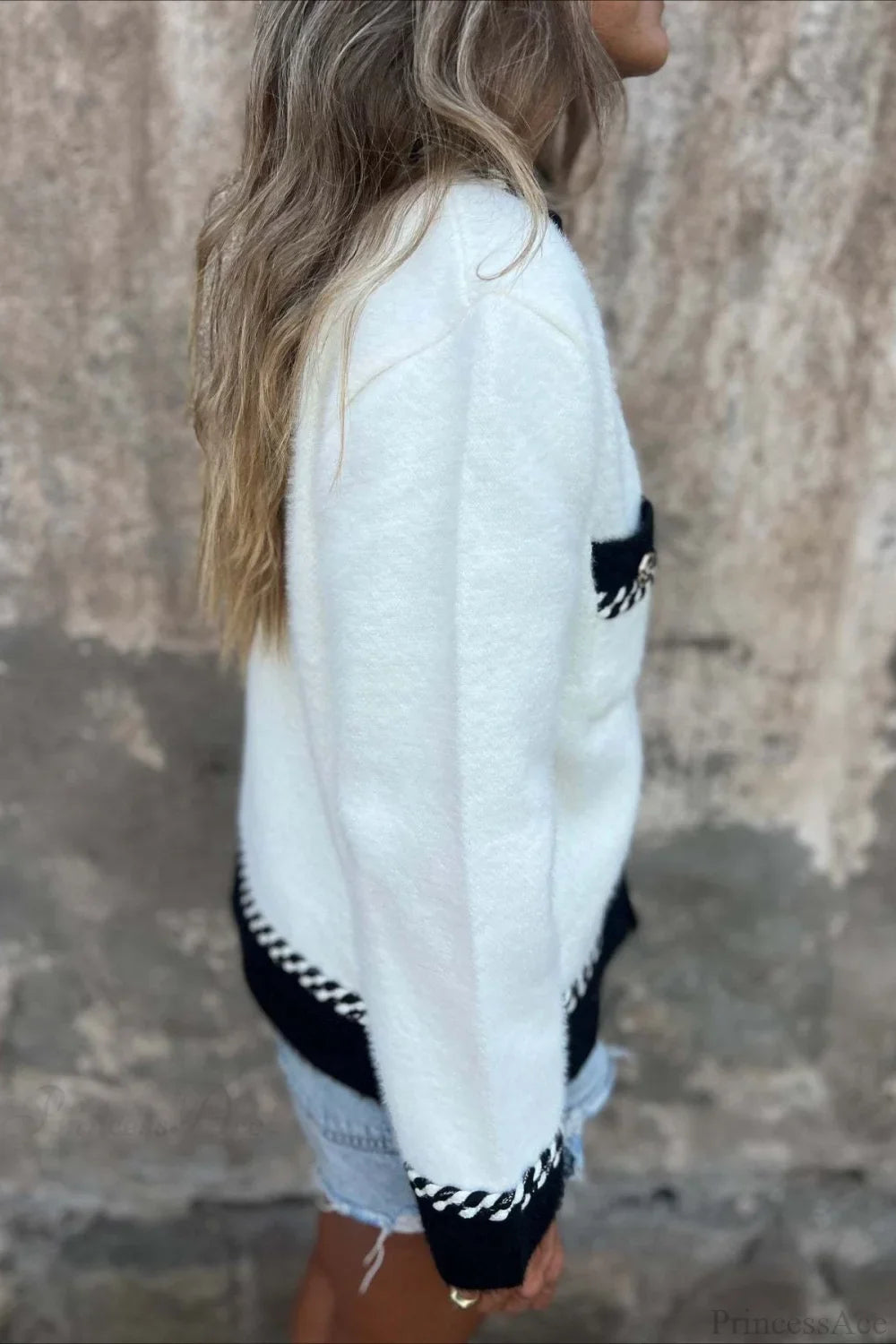 Elegant Wool Coat with Color Block Design, Buttons, and Subtle Pocket