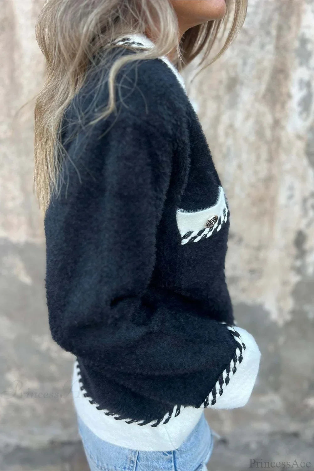 Elegant Wool Coat with Color Block Design, Buttons, and Subtle Pocket