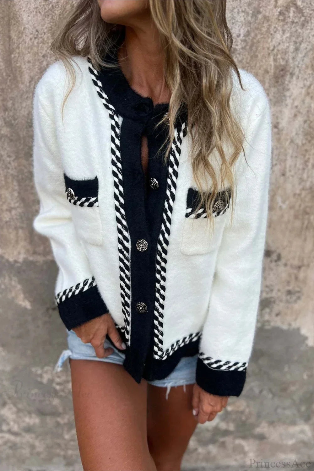 Elegant Wool Coat with Color Block Design, Buttons, and Subtle Pocket