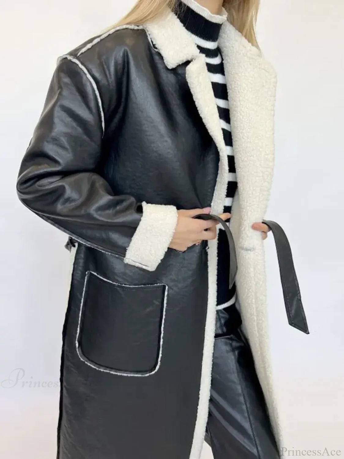 Maintain Your Style with Elegance in Winter: Sheep Wool and PU Leather Coat with Belt