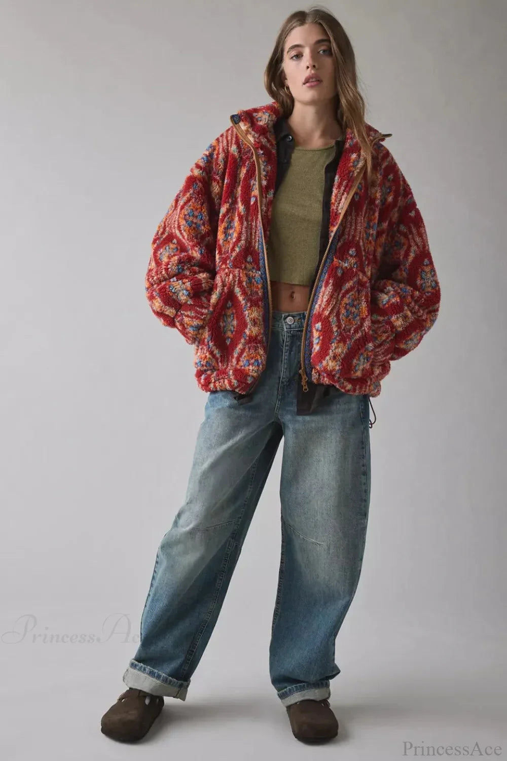 Ethnic Windbreaker with Stand Collar and Zipper