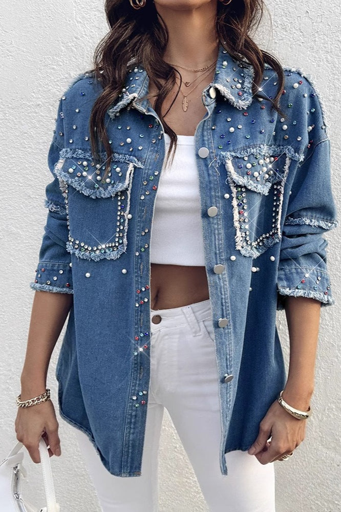 Long-sleeve denim coat with contrasting pearl details