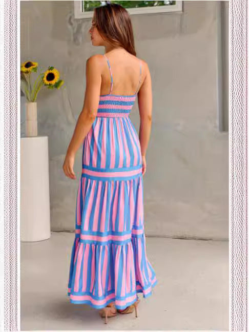 Marisol Striped Maxi Dress with Adjustable Straps and Convenient Pockets