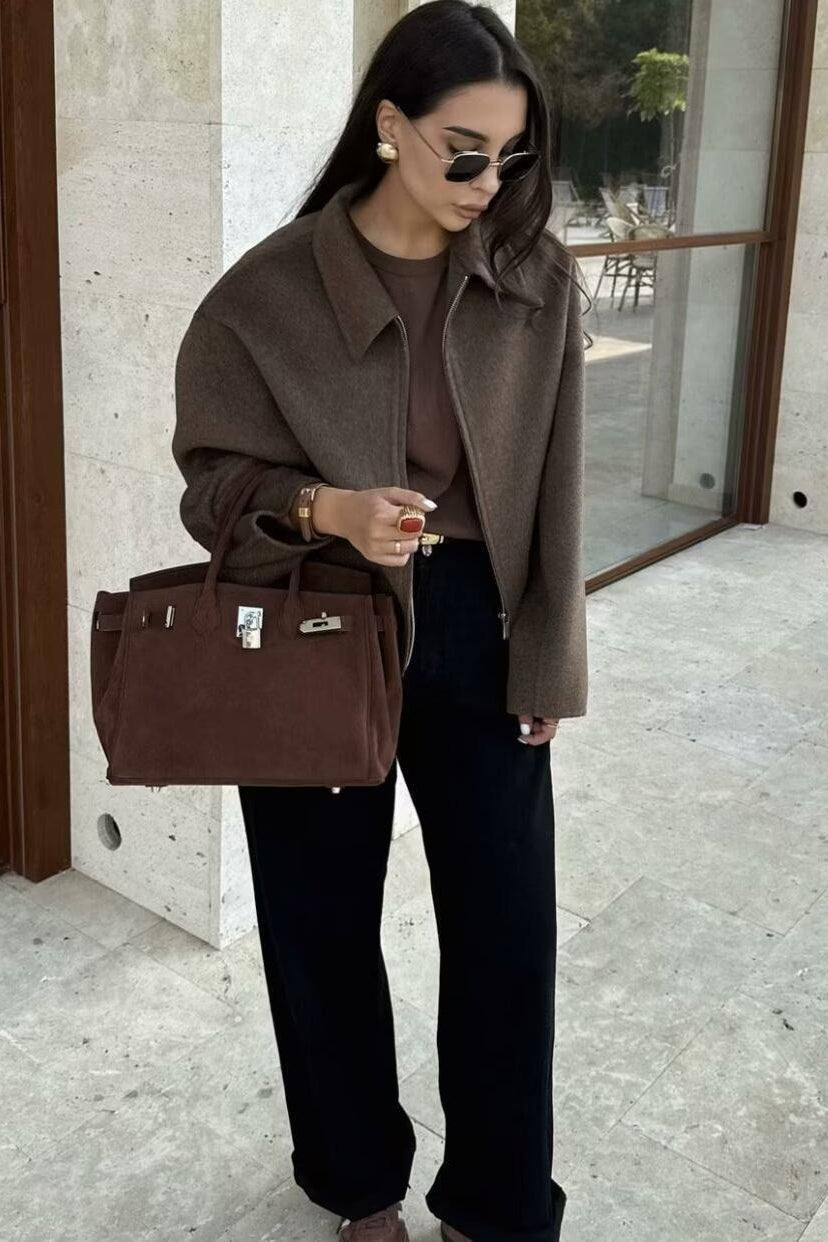 Short Wool Coat with Lapel Collar in Minimalist Style