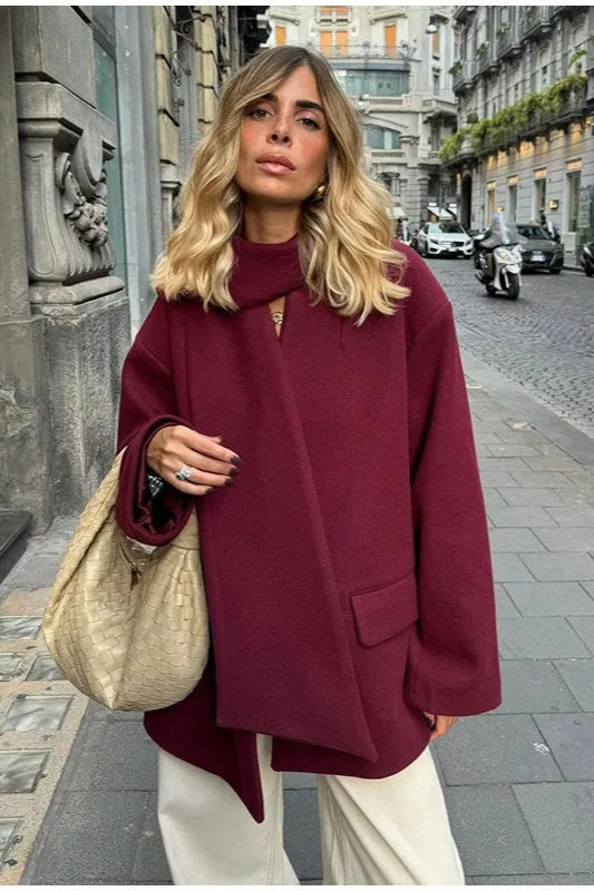 Wool coat with scarf collar and single-button closure