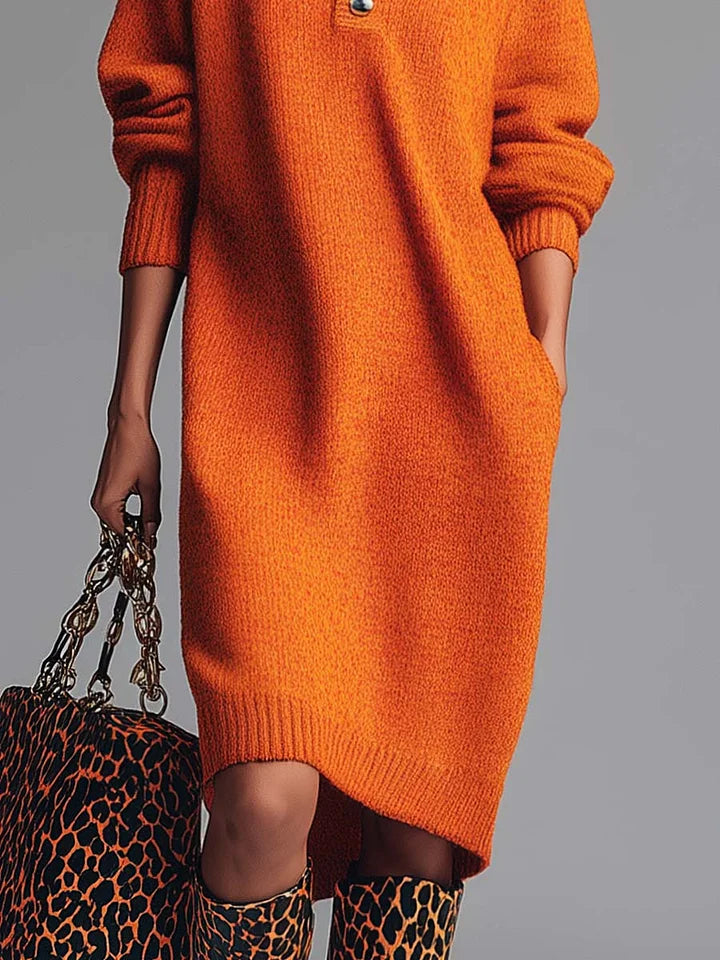 Vibrant Orange Long Knitted Robe with Button Closure and Collar