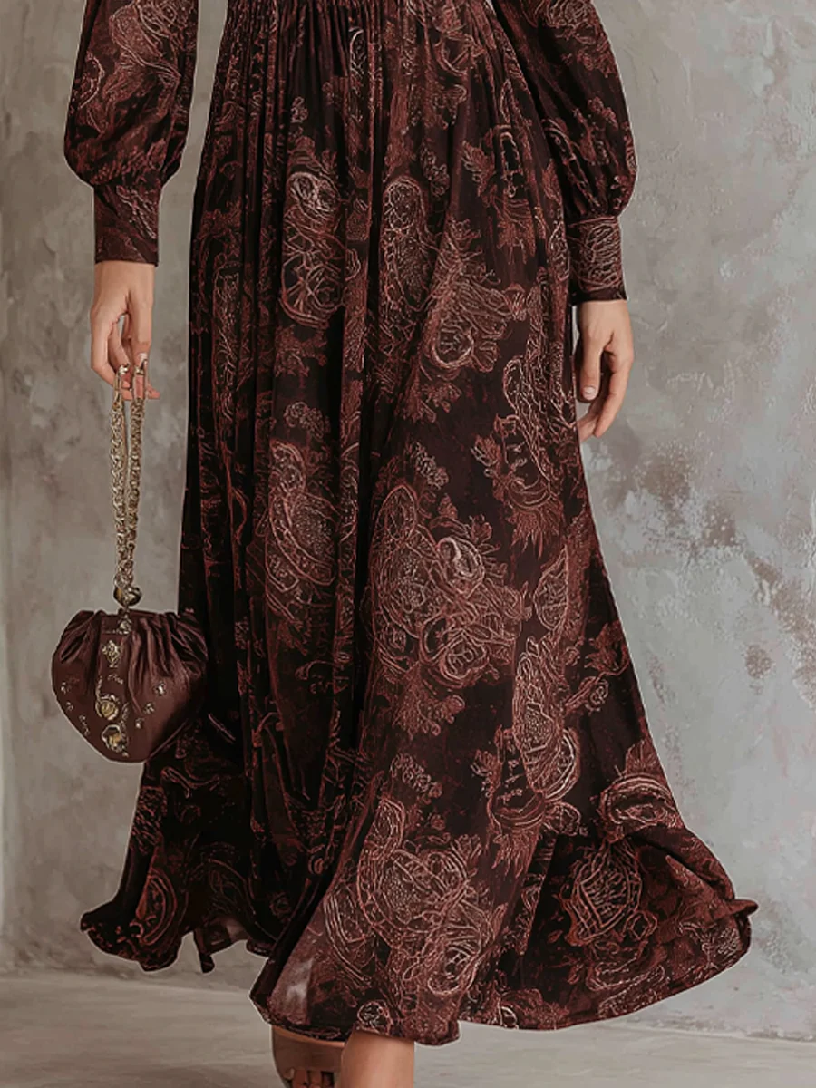 Brown Maxi Dress with Zip Waist and Paisley Pattern