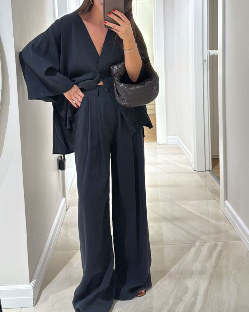 Comfortable Two-Piece Relaxed V-Neck Set