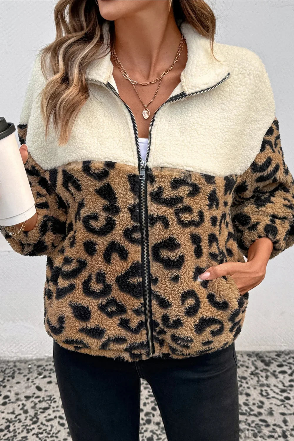 Casual Furry Leopard Pattern Warm Turn-Down Collar Coat for Cozy Style