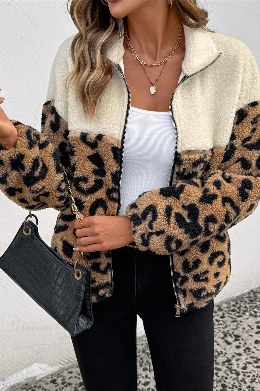 Casual Furry Leopard Pattern Warm Turn-Down Collar Coat for Cozy Style