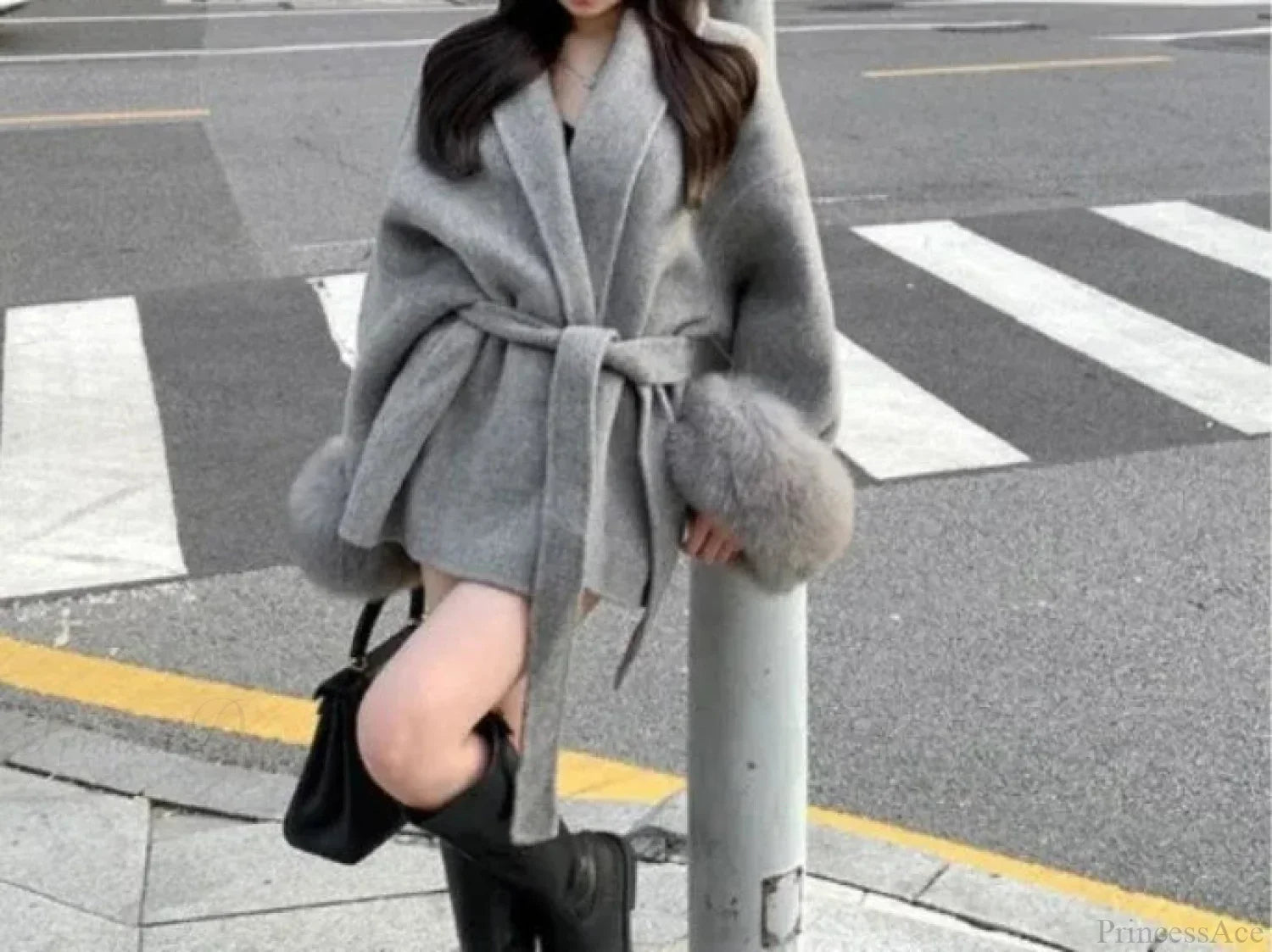 Furry Patchwork Long Sleeve Bandage Overcoat – Stylish and Cozy Outerwear for All Seasons
