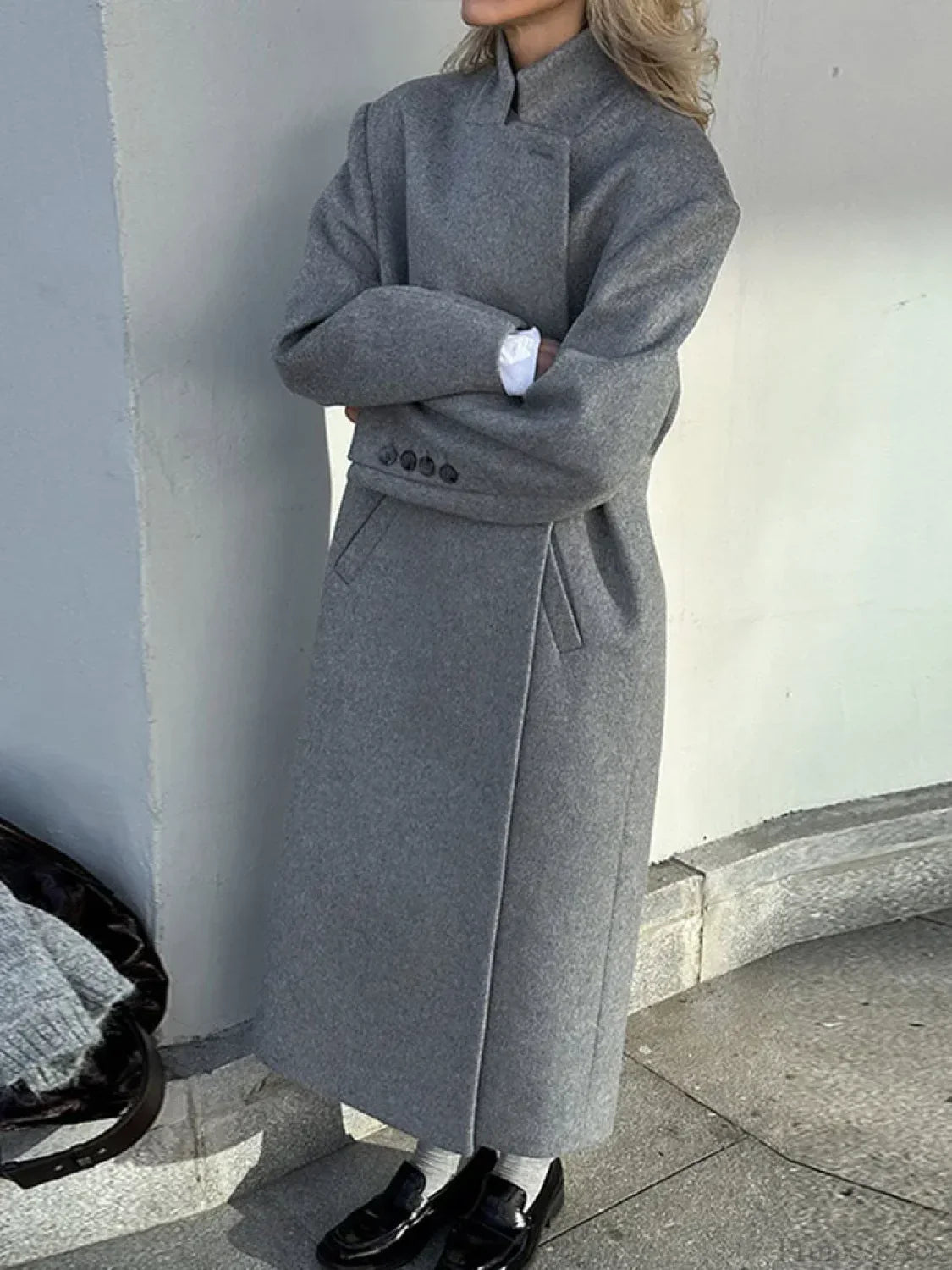 Men's Gray Casual Wool Coat with Turn-down Collar and Buttons