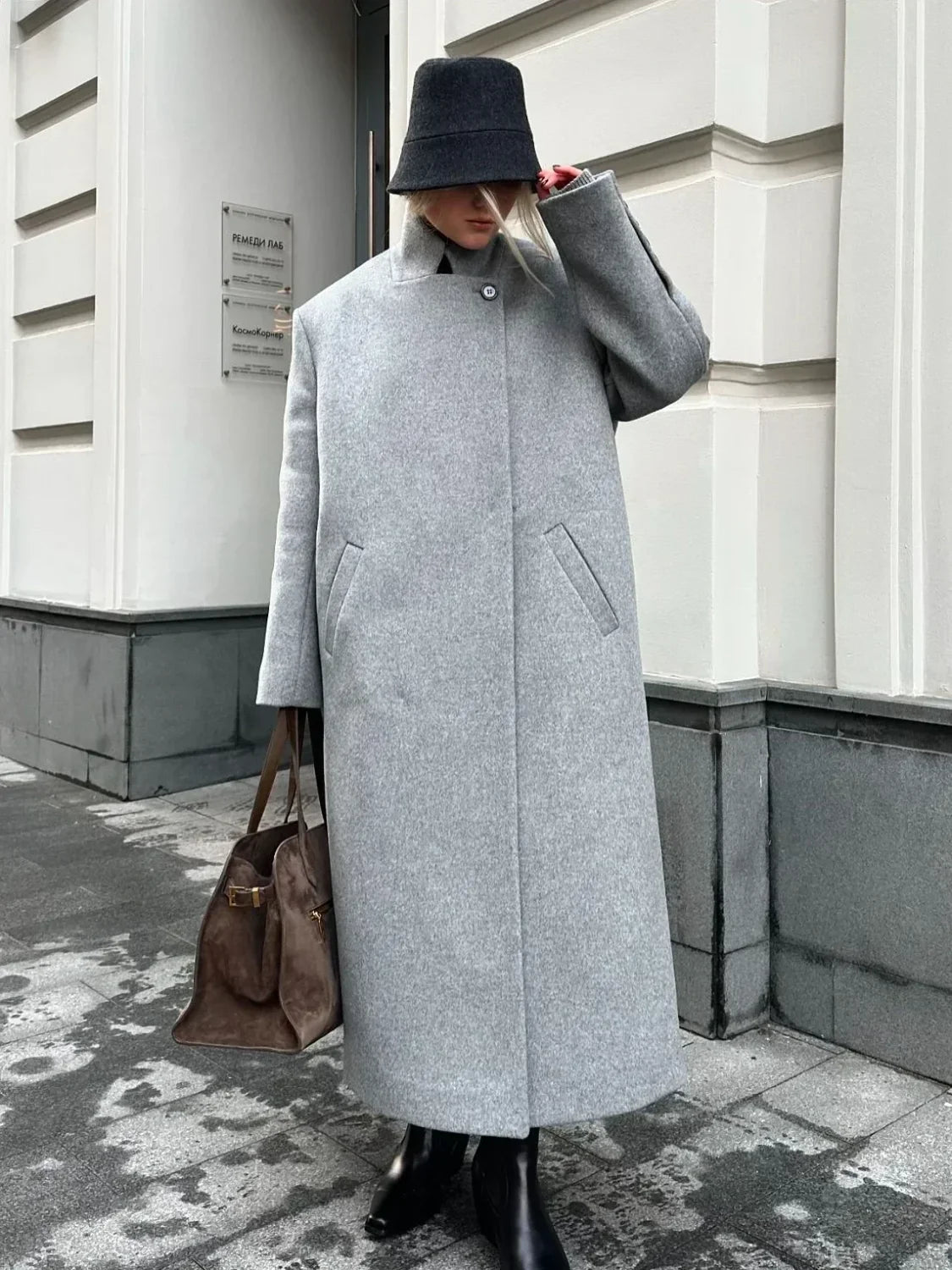 Men's Gray Casual Wool Coat with Turn-down Collar and Buttons