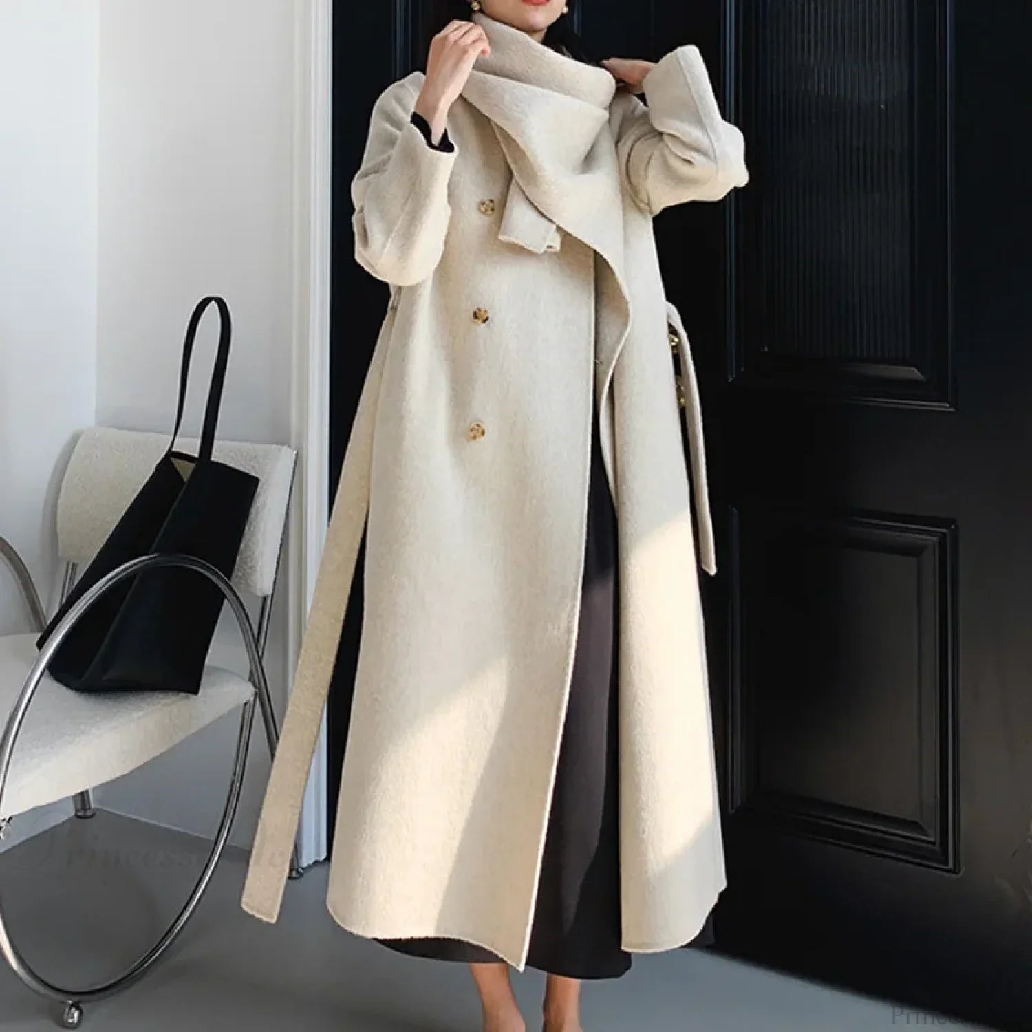 Luxury Heated Handmade Cashmere Wool Tie Long Coat