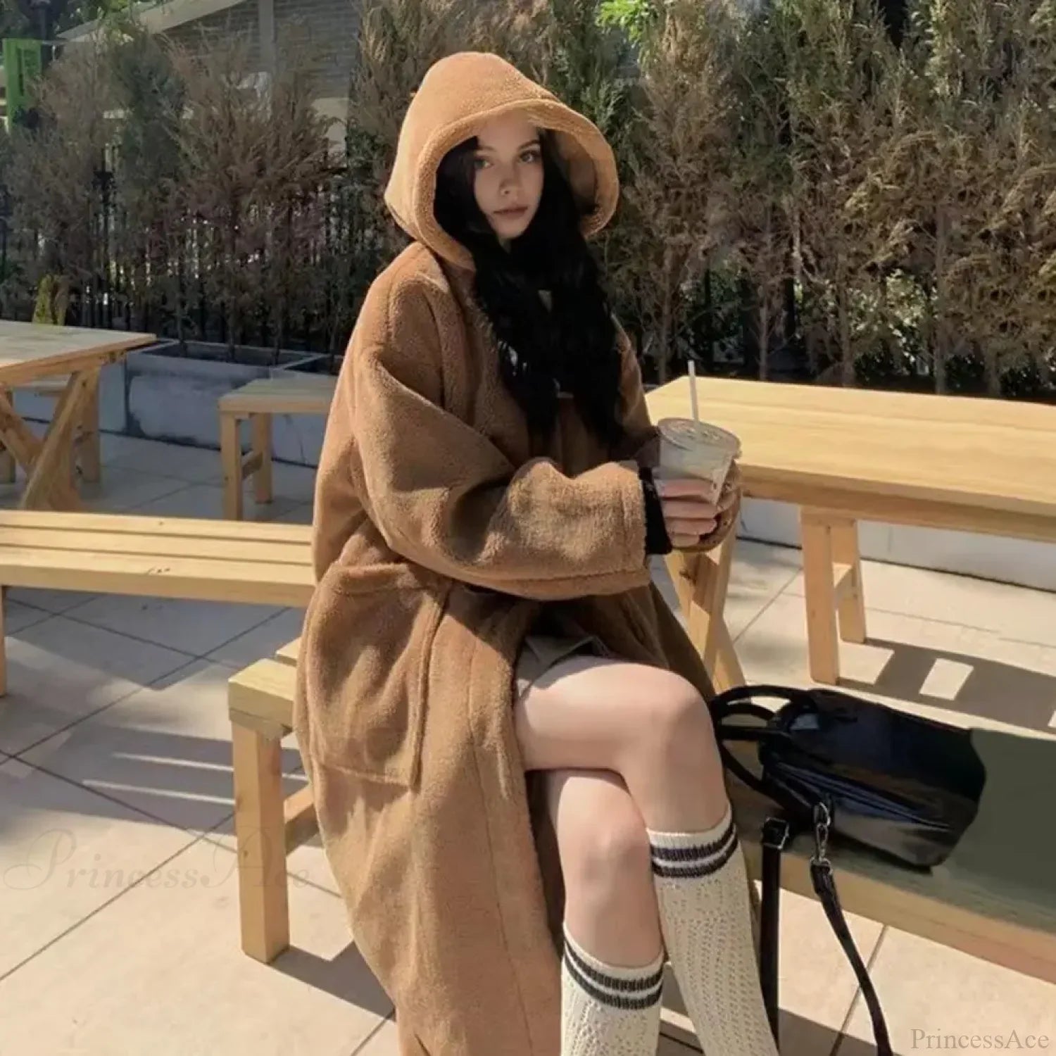 Casual Hooded Mid-Length Overcoat with Cozy Fleece Lining