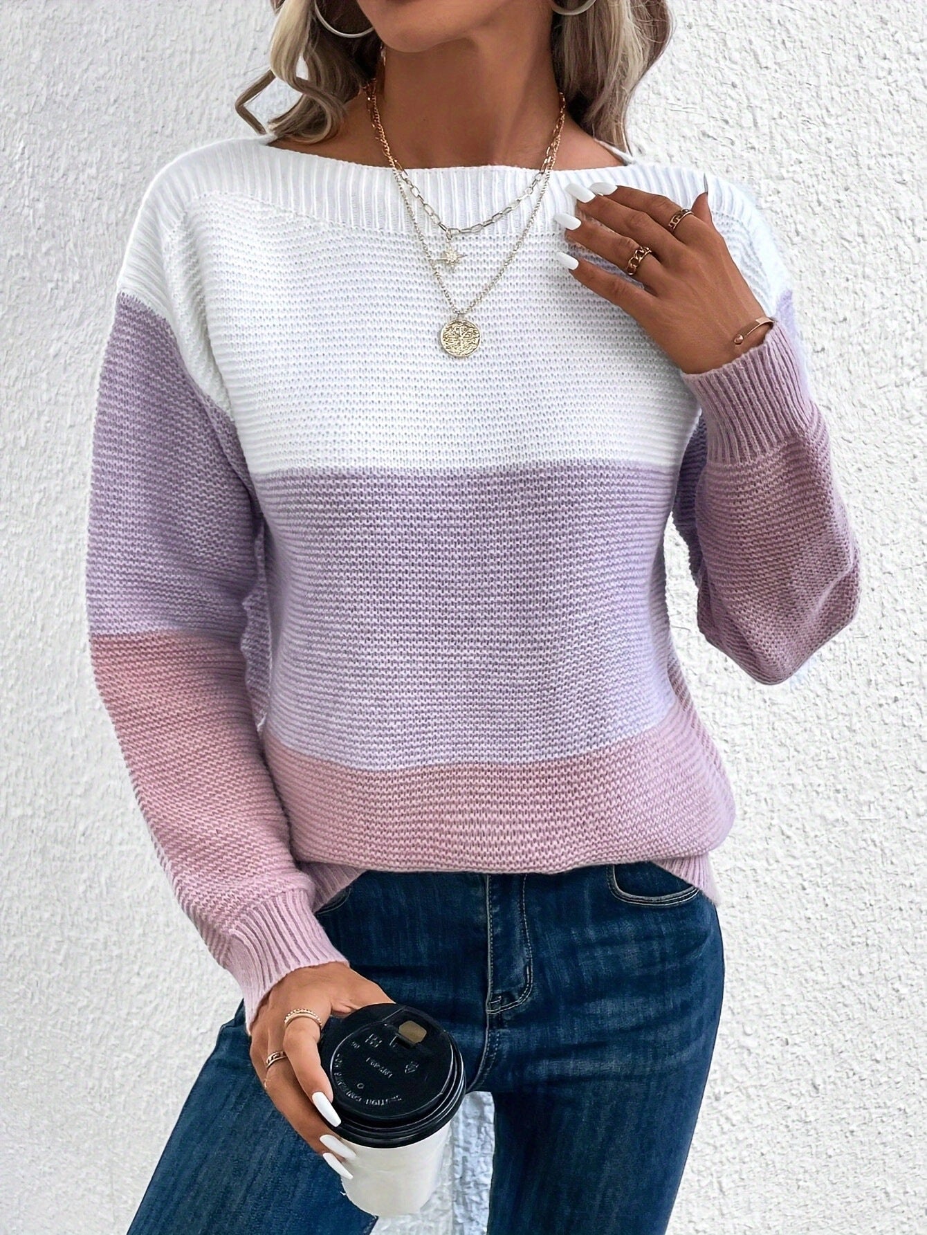 Stylish three-color women's knitted sweater for a fashionable look