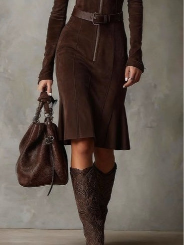 Vintage brown midi dress with zipper and elegant belt (belt included)