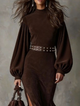 Retro long-sleeve maxi dress with semi-high collar and included belt