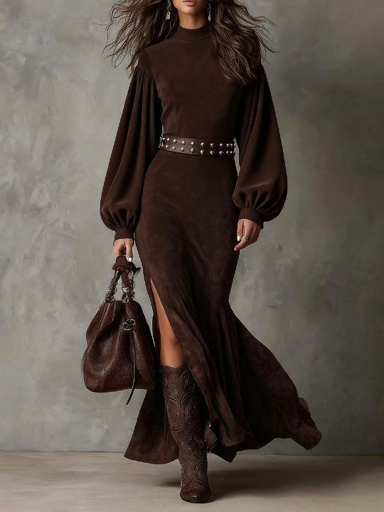 Retro long-sleeve maxi dress with semi-high collar and included belt