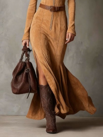 Elegant Vintage Camel Zipper Maxi Dress with Belt for a Chic Look