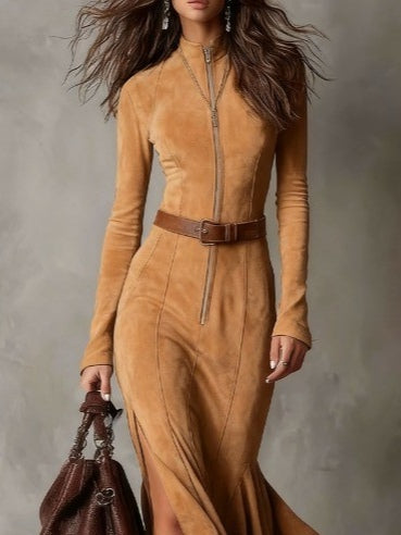 Elegant Vintage Camel Zipper Maxi Dress with Belt for a Chic Look