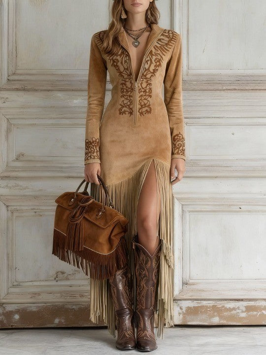 Elegant Western Half-Zip Faux Suede Maxi Dress with Stylish Embroidery and Fringe Details