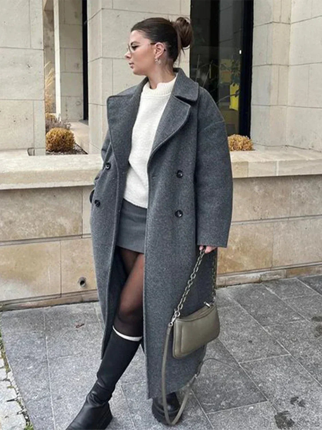 Large Coat with Tie-up Mao Collar and Wide Lapels