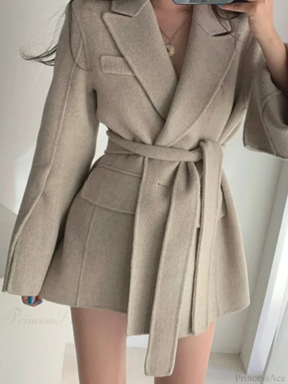 Casual Lapel Belted Overcoat with Spliced Pockets for Effortless Style