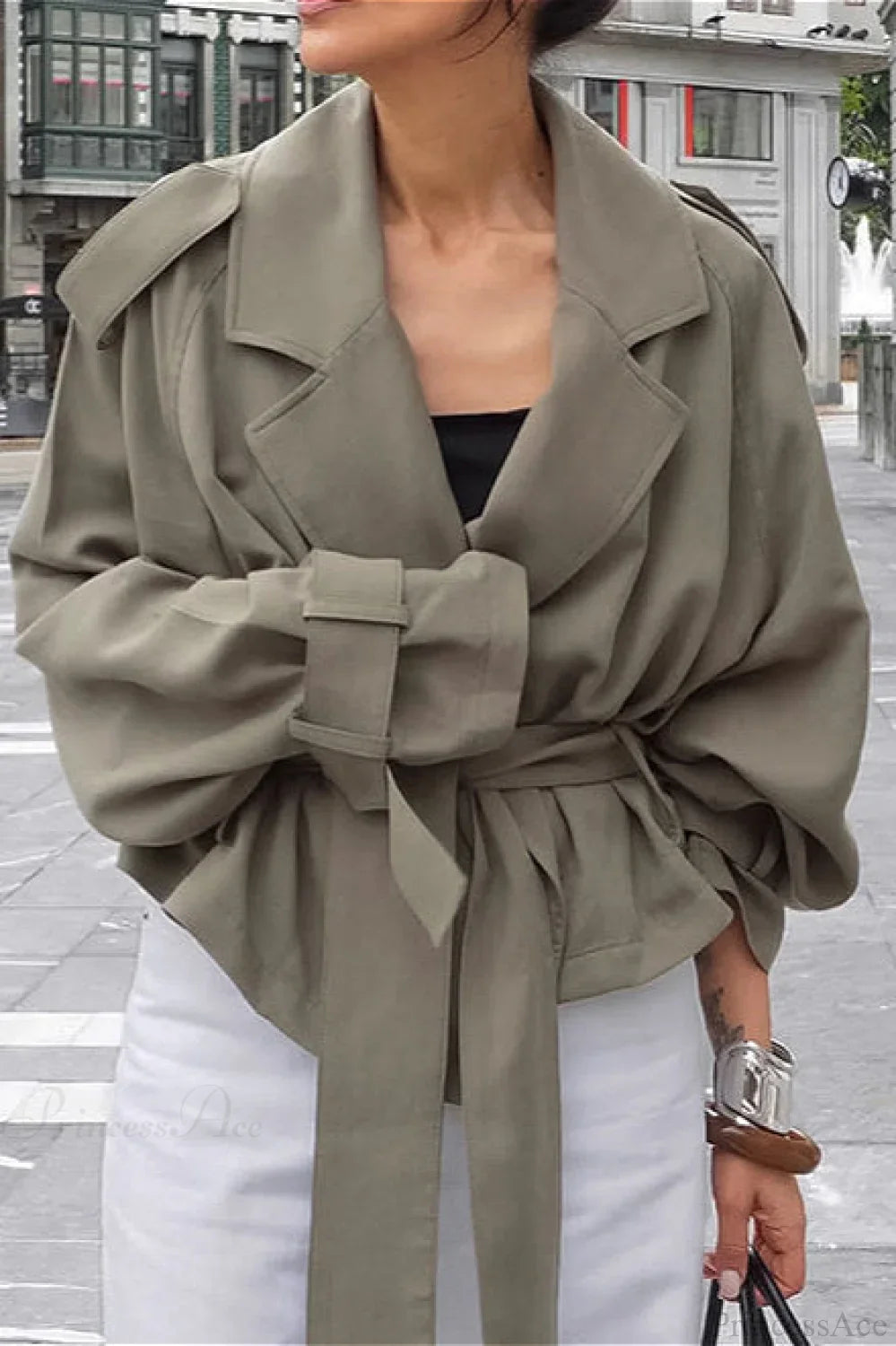 Casual Elegant Trench Coat with Wide Collar, Waist Belt, and Lazy Casual Style