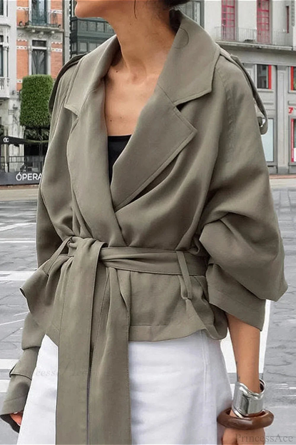 Casual Elegant Trench Coat with Wide Collar, Waist Belt, and Lazy Casual Style