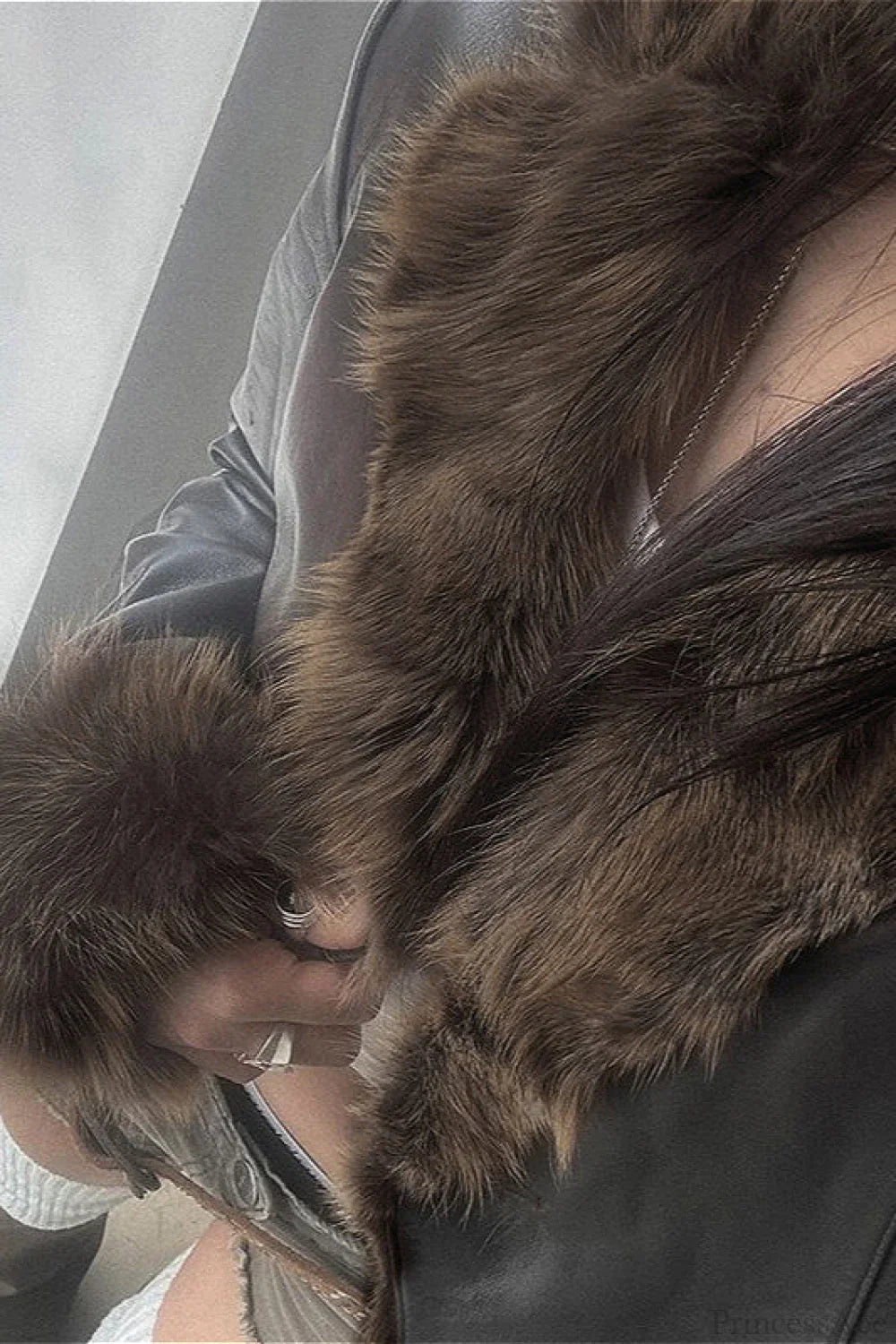 Fitted Warm Coat with Faux Leather Panel, Fur Trim, and Turtleneck