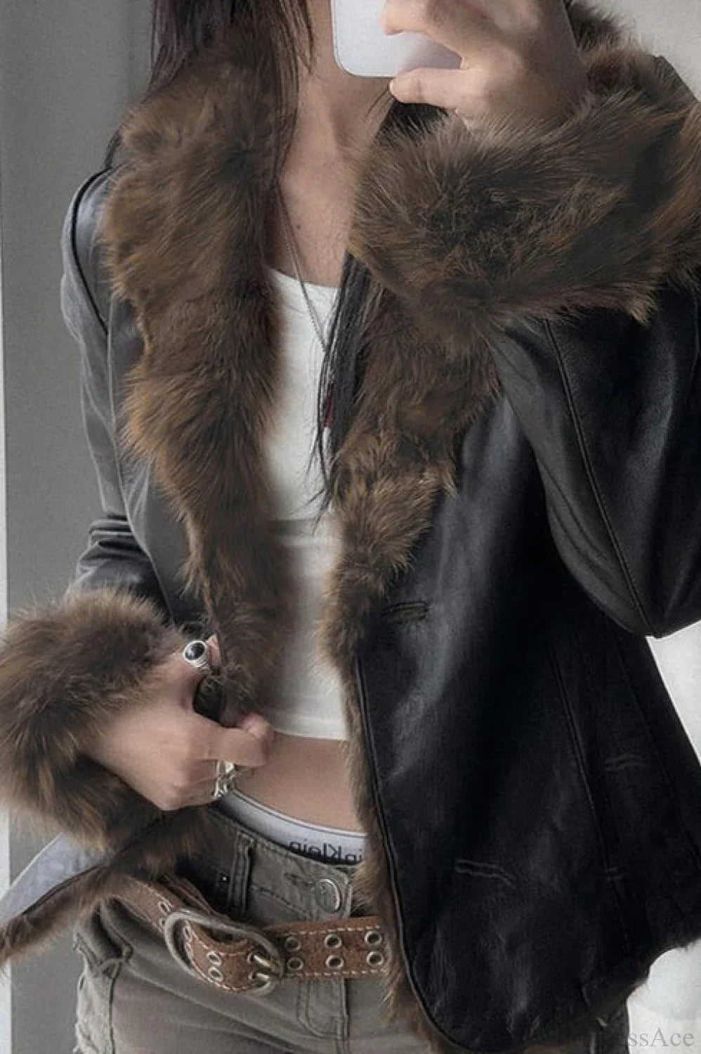Fitted Warm Coat with Faux Leather Panel, Fur Trim, and Turtleneck
