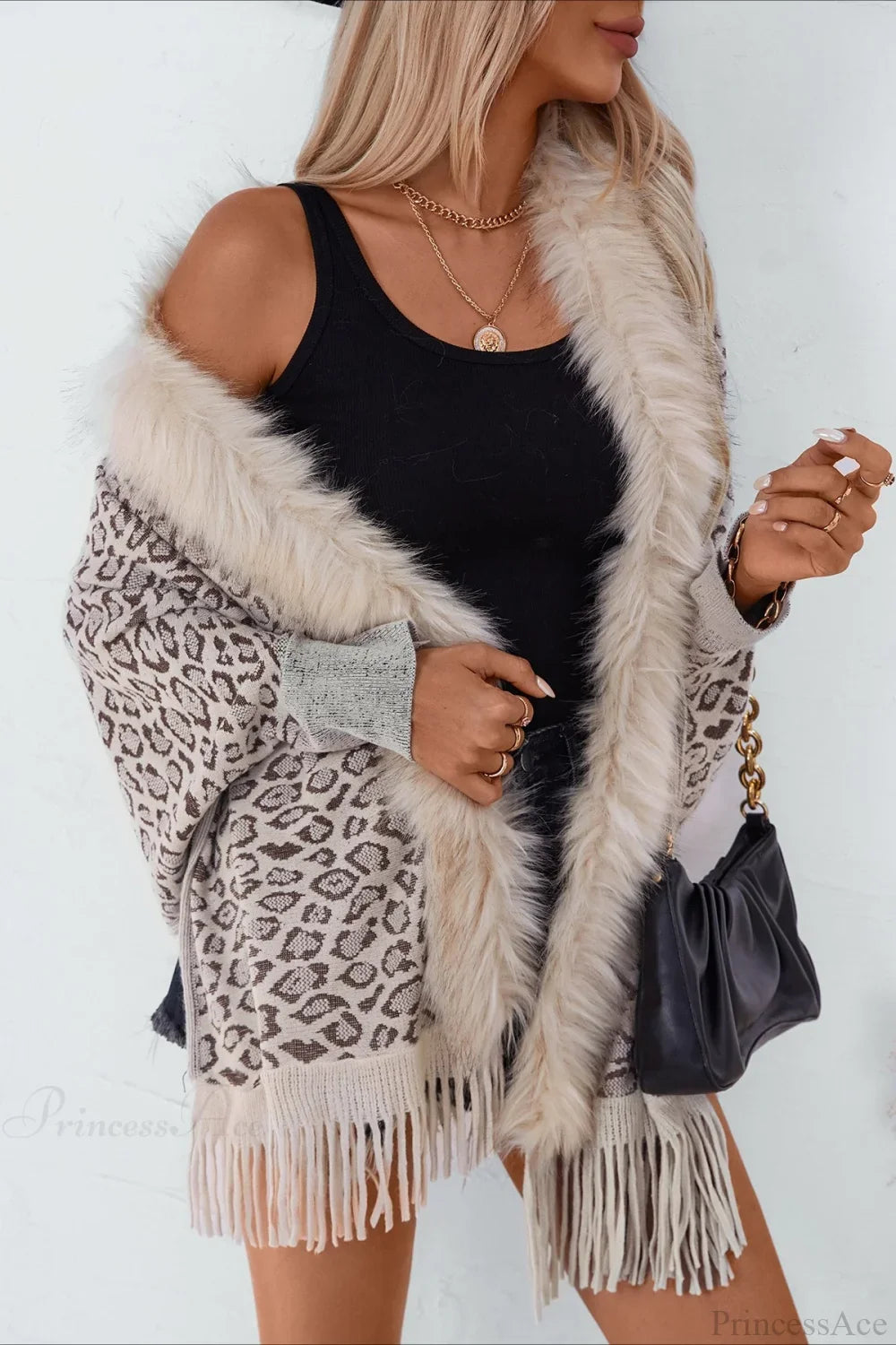 Leopard Print Faux Fur Scarf with Collar and Bat Sleeve Knit Coat