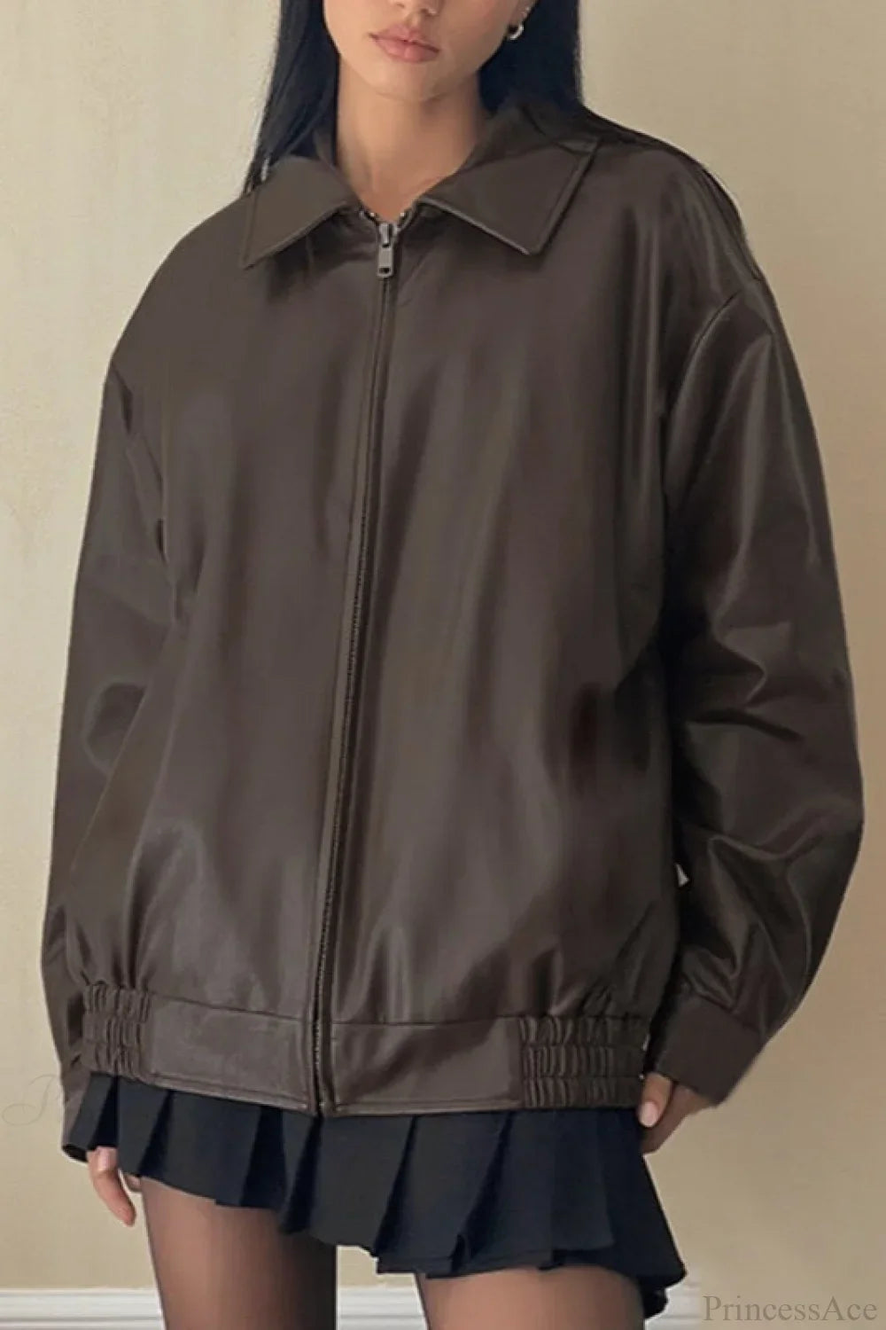 Casual Leather Coat with Long Sleeves and Zipper, Classic and Comfortable Style