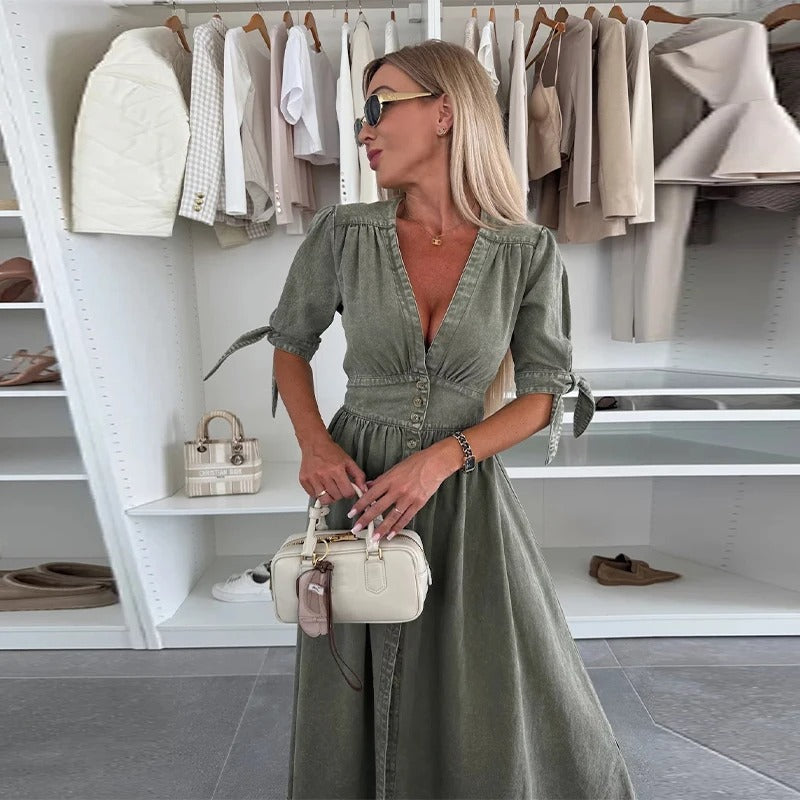 Clarina Dress: Deep V-Neck and Slit for a Bold, Elegant Look