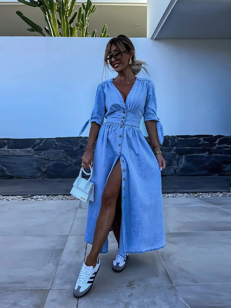 Clarina Dress: Deep V-Neck and Slit for a Bold, Elegant Look