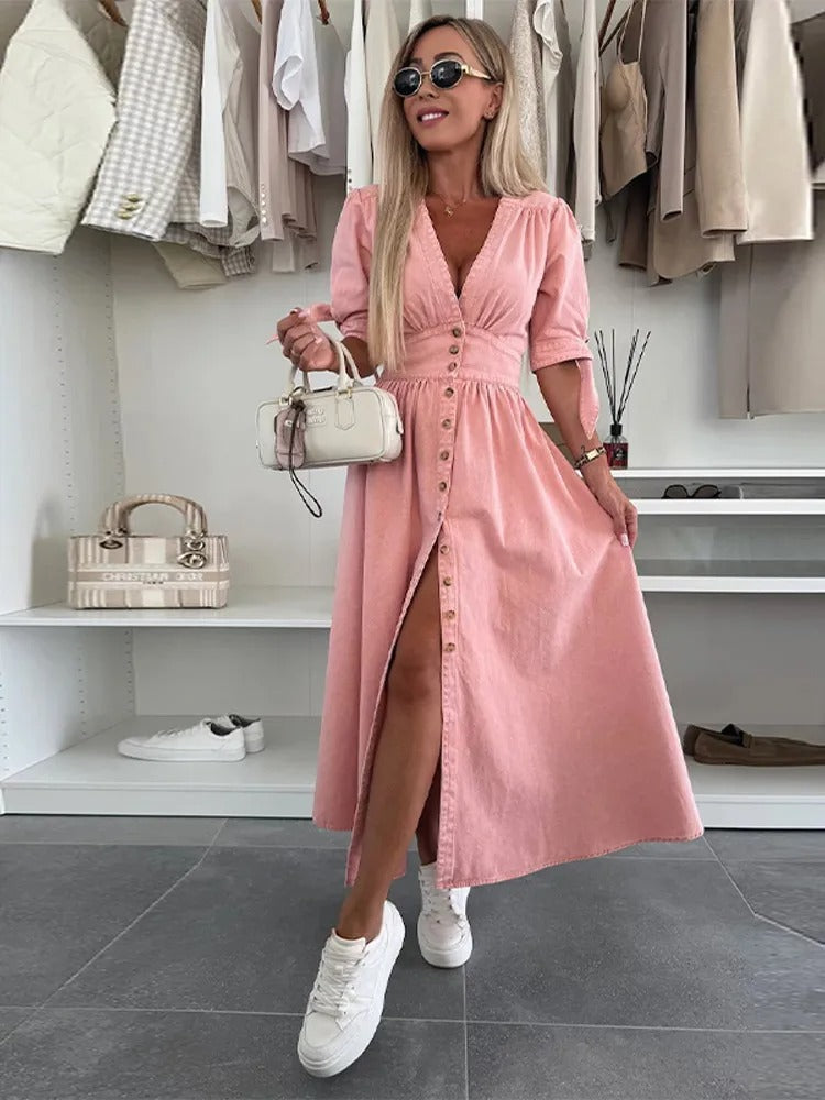 Clarina Dress: Deep V-Neck and Slit for a Bold, Elegant Look