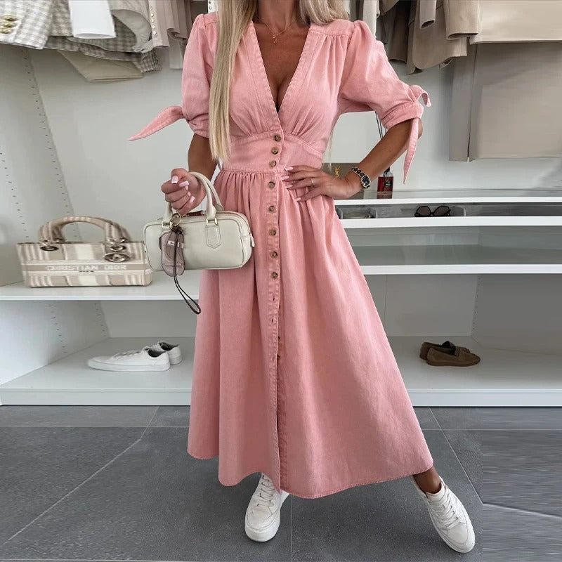 Clarina Dress: Deep V-Neck and Slit for a Bold, Elegant Look