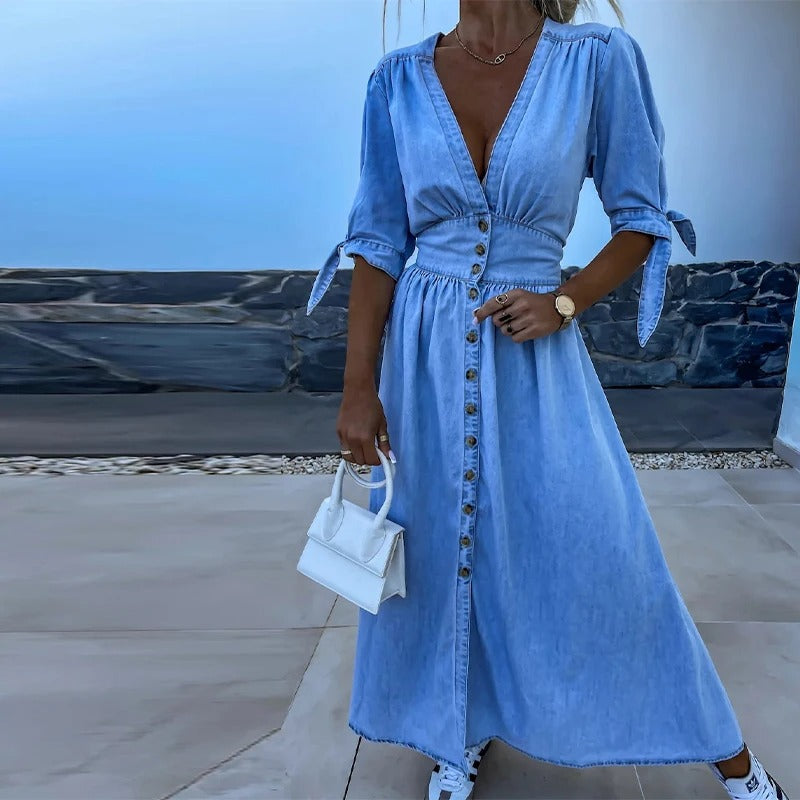 Clarina Dress: Deep V-Neck and Slit for a Bold, Elegant Look