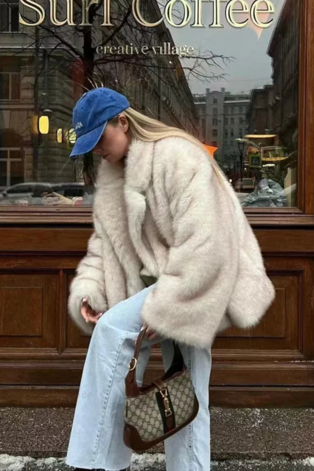 Oversized faux fox fur coat in solid colors with minimalist plush finish