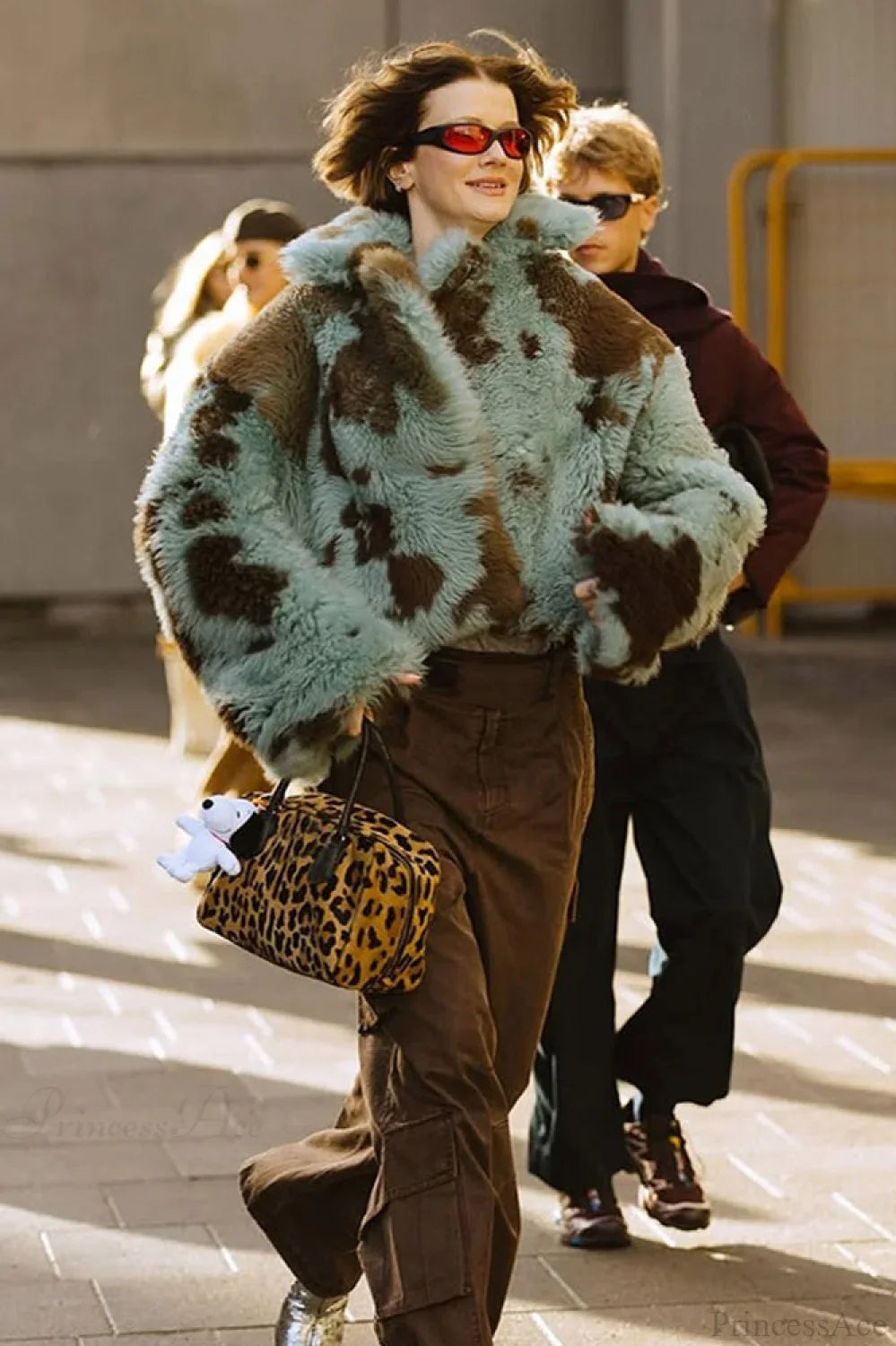 Stylish Multicolor Printed Long Sleeve Cropped Faux Fur Coat for a Trendy Look