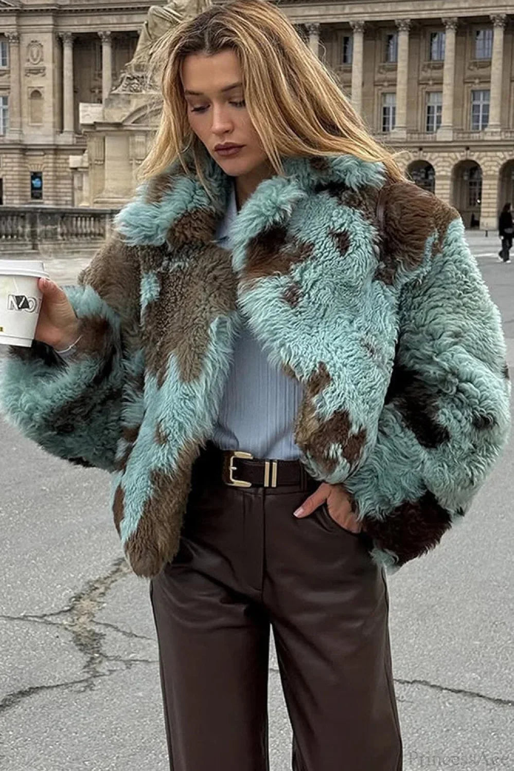 Stylish Multicolor Printed Long Sleeve Cropped Faux Fur Coat for a Trendy Look