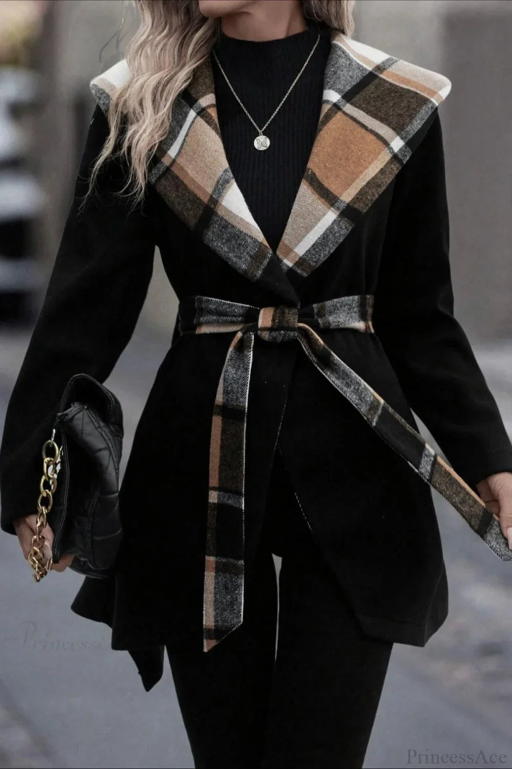Casual Plaid Color Block Wool Coat with Waist Belt for Stylish Warmth