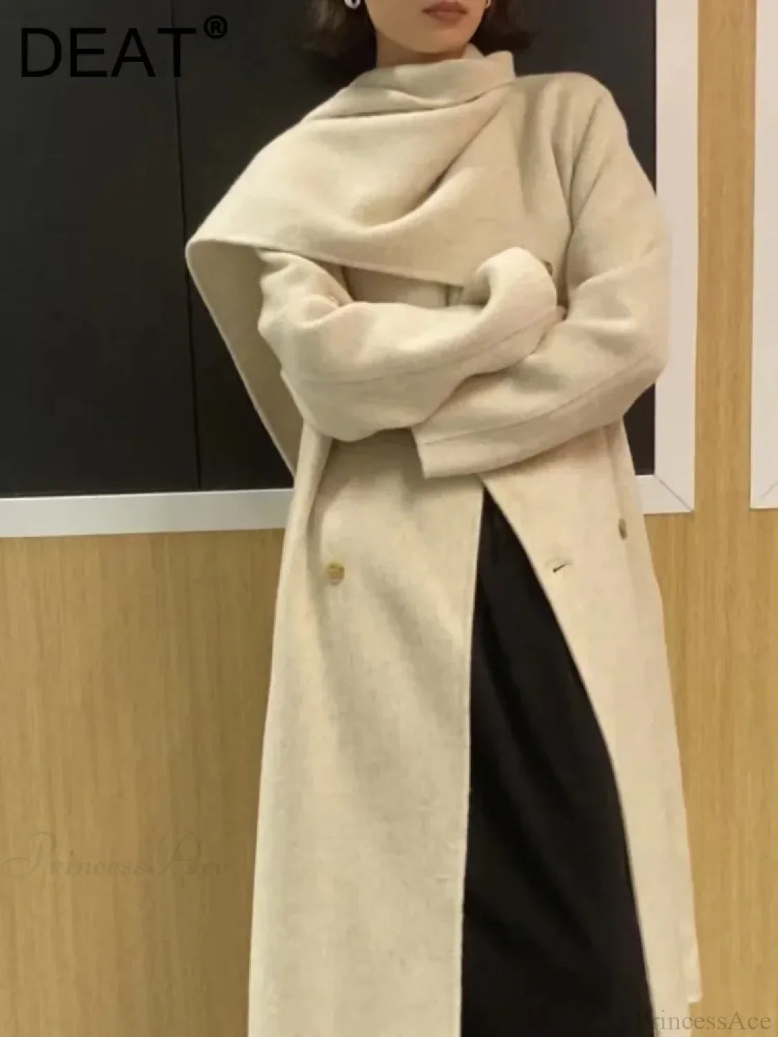 Double-breasted wool coat with scarf collar for a chic and warm style